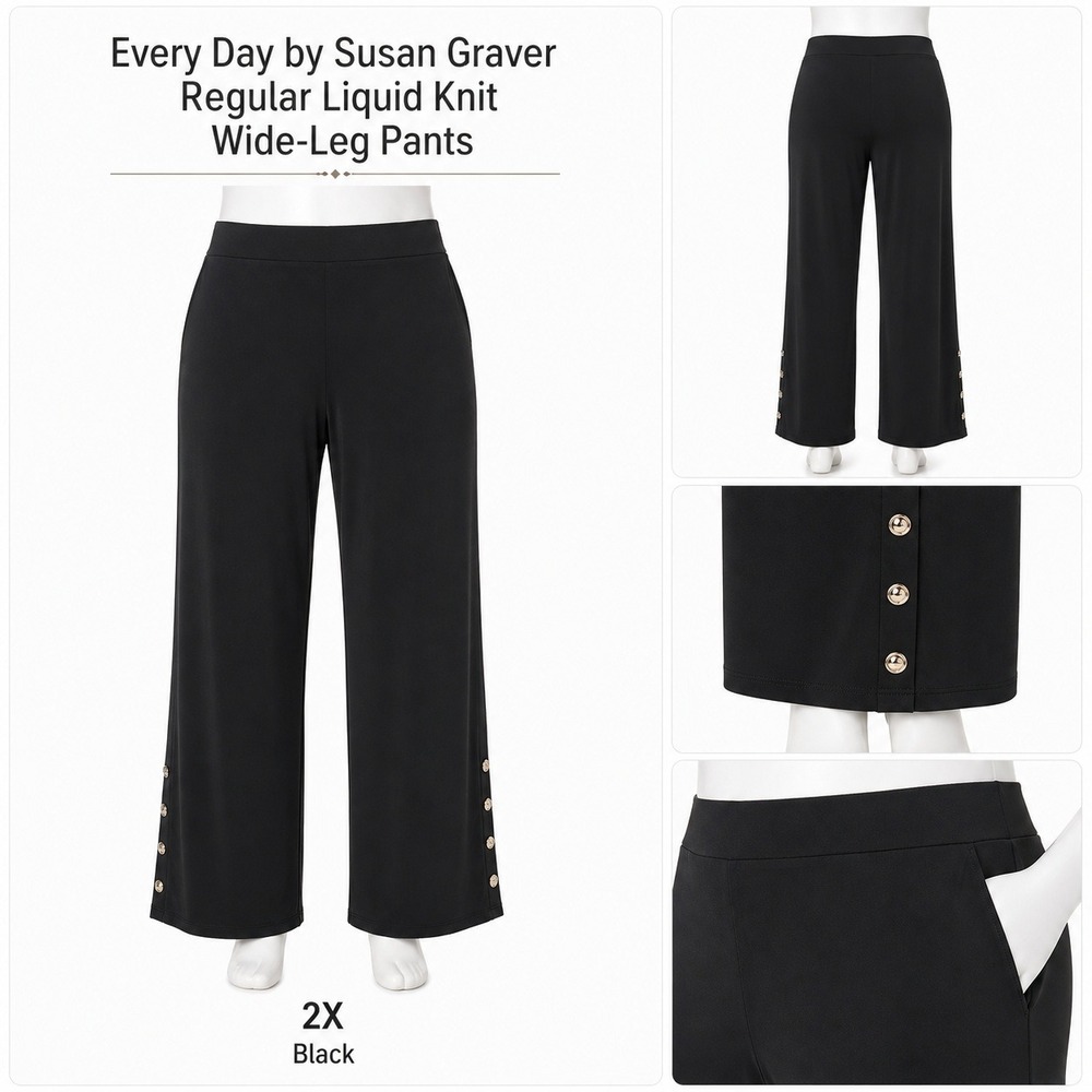Susan Graver Every Day Black Liquid Knit Wide Leg Pants Gold Button Detail 2X